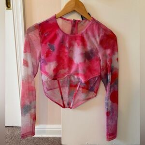 Bardot Pink Multicolor Sheer Long Sleeve Crop Top